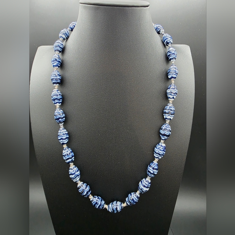 24" Vintage Chinese Porcelain Bead Striped Necklace Blue White Hand Painted